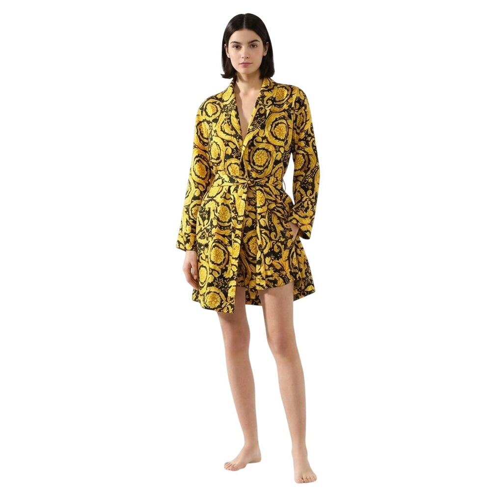 Versace Silk Baroque Print Robe & Shorts Set Black Gold Women's Size 1